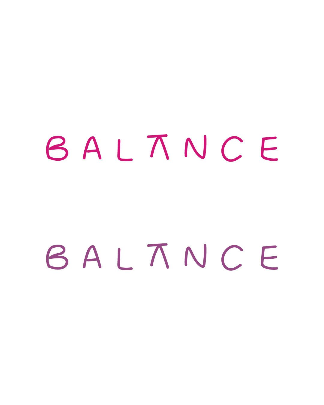 Neonowy tatuaż tymczasowy z napisem balance – różowy i fioletowy napis z odwróconą literą A, minimalistyczny wzór idealny dla fanów jogi, medytacji i pozytywnej energii