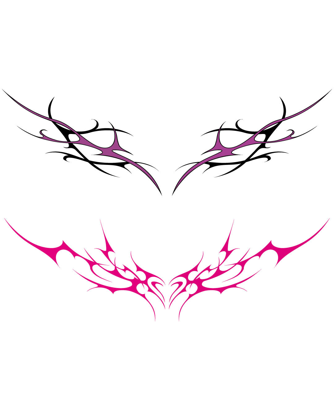 Neonowy tatuaż tymczasowy z tribalem – dwa symetryczne wzory w kolorze różowym i fioletowym, mocny, plemienny motyw w klimacie lat 2000 idealny na imprezy i stylizacje alternatywne