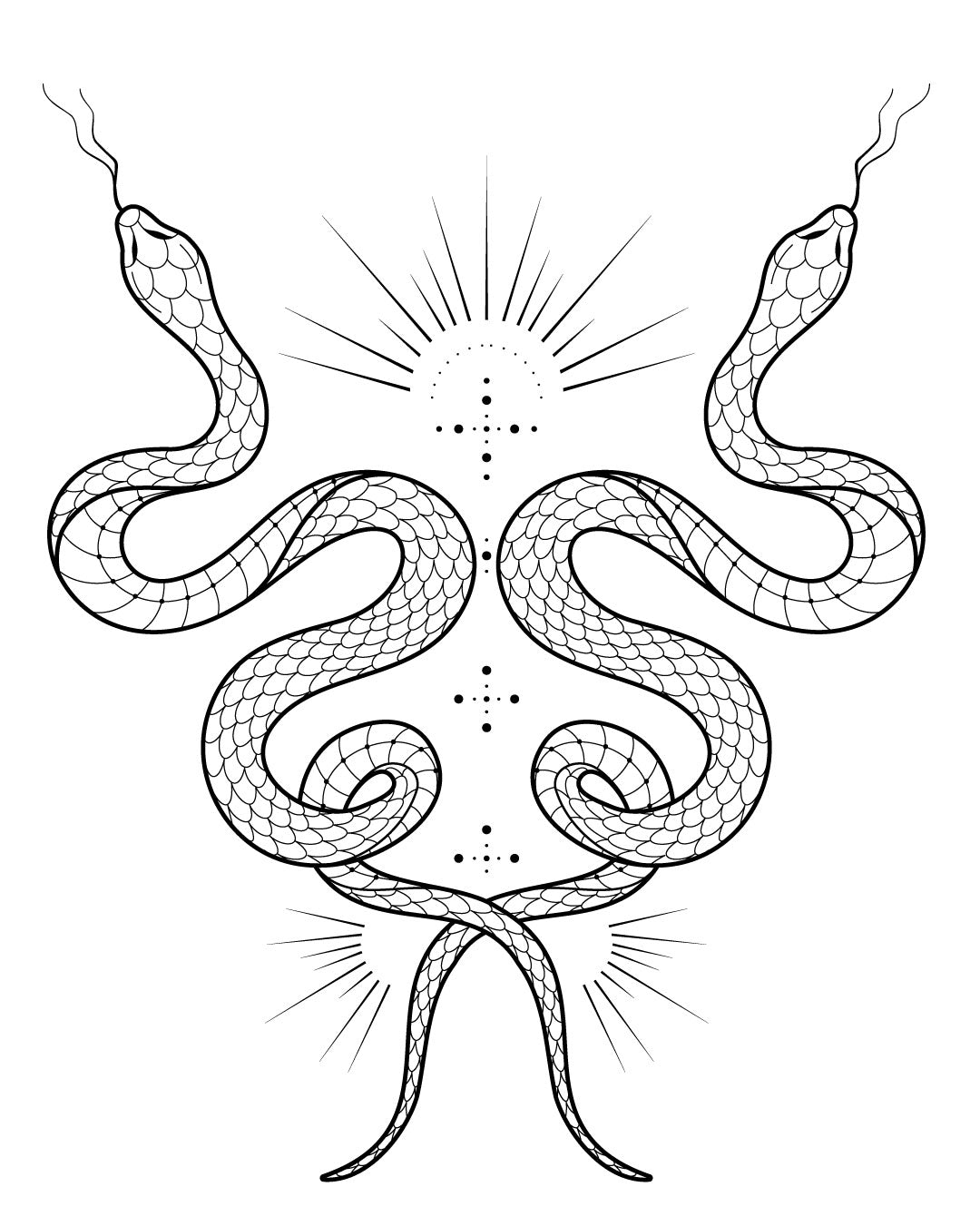 Tymczasowy tatuaż z dwoma czarnymi wężami – symetryczny wzór z detalami w stylu mistycznym i ezoterycznym, idealny dla fanów symboliki, magii i wyrazistego stylu