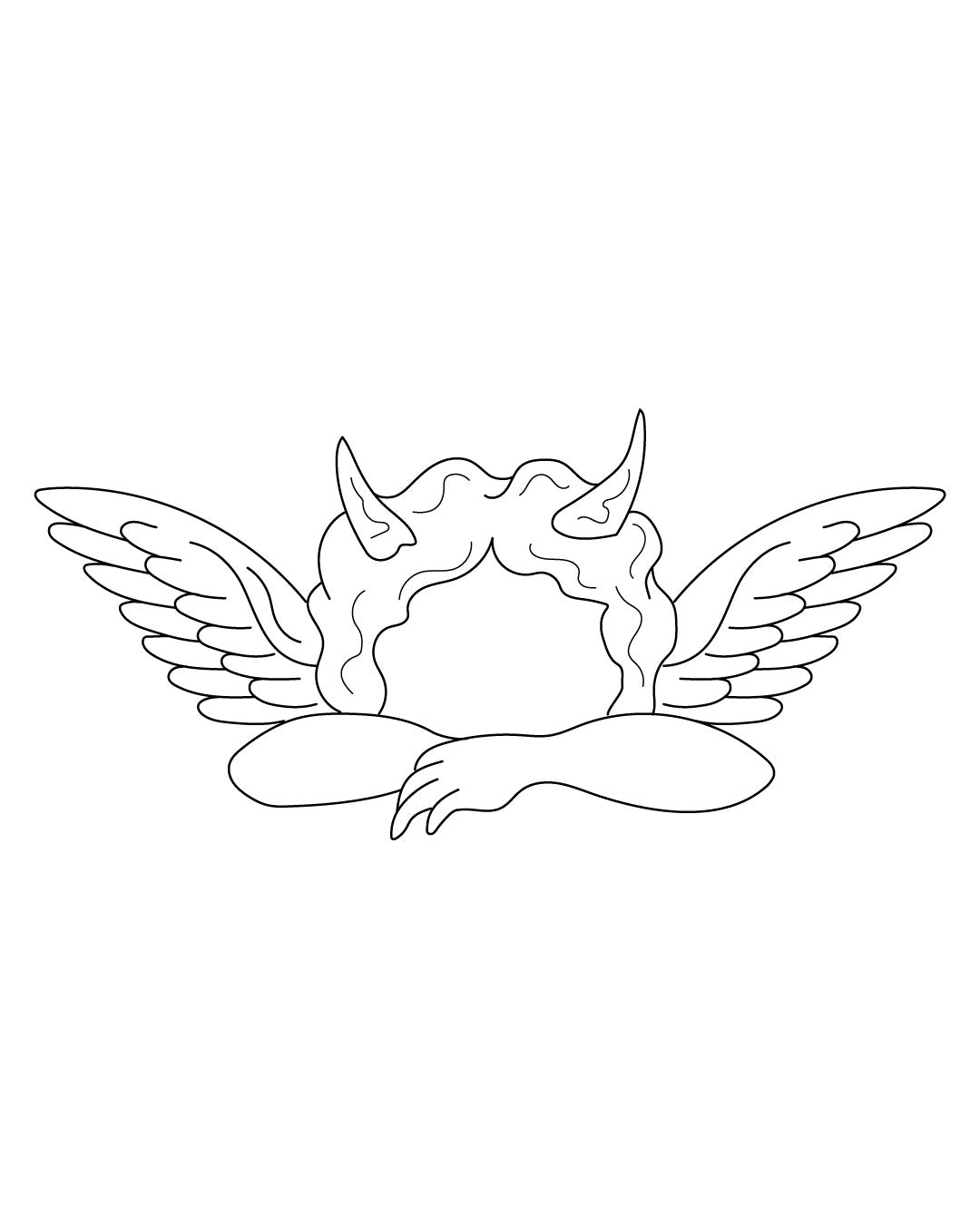 Tymczasowy tatuaż przedstawiający aniołka z rogami – połączenie niewinności i zadziorności w czarno-białym linearnym stylu, idealny na ramię, kark lub łopatkę.