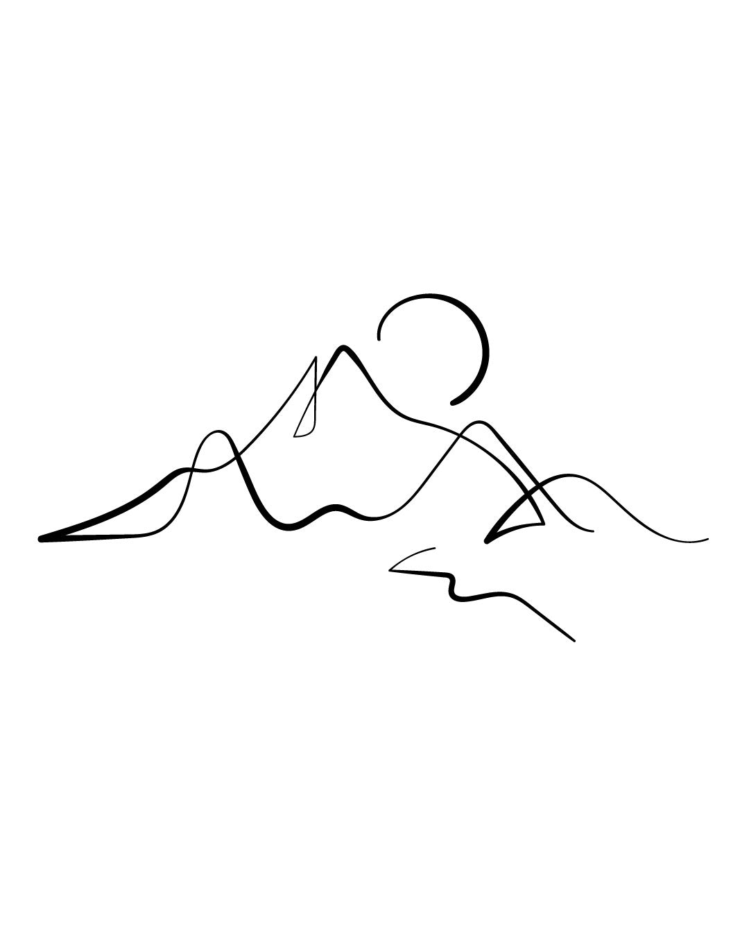 Tymczasowy tatuaż przedstawiający góry w stylu one line — minimalistyczny, spokojny wzór idealny dla miłośników natury, na przedramię, kark lub łopatkę.