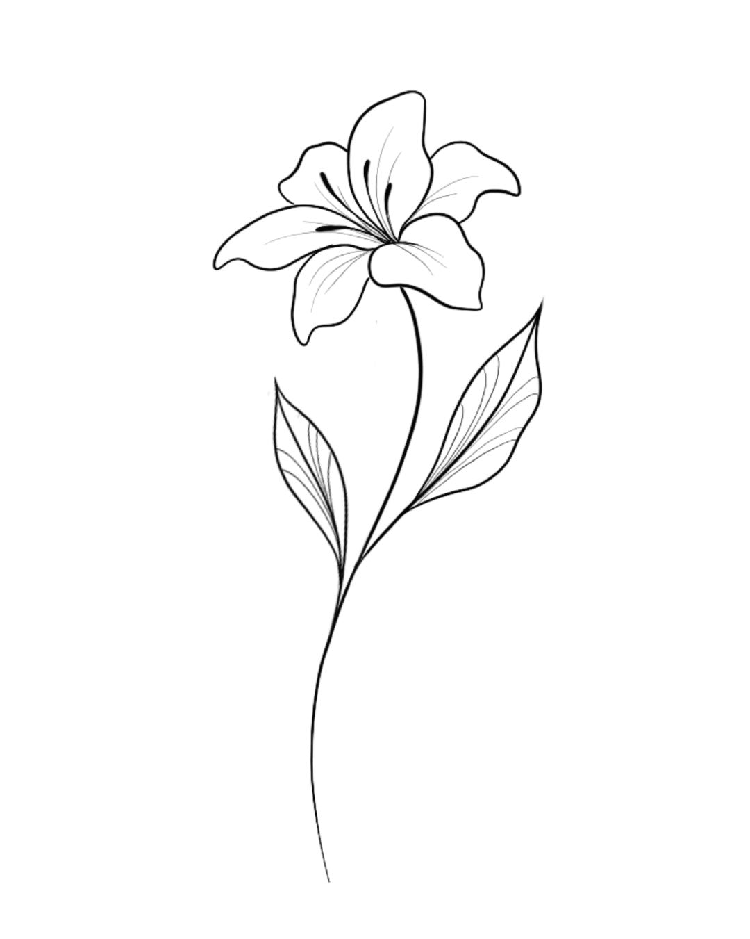 Tymczasowy tatuaż przedstawiający kwiat z liściem w stylu linearnym — subtelny i elegancki wzór w czarnej linii, idealny na ramię, kark lub przedramię.