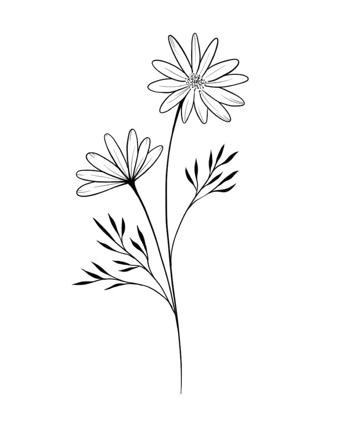 Tymczasowy tatuaż przedstawiający kompozycję delikatnych kwiatów w stylu linearnym — subtelny, czarno-biały wzór idealny na przedramię, ramię lub obojczyk.