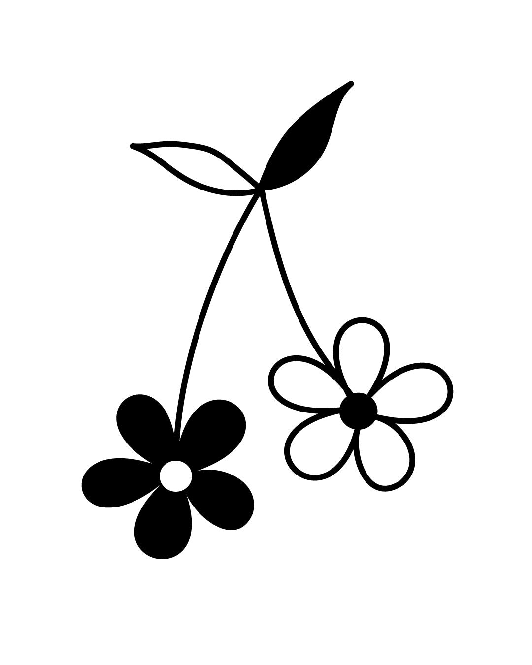 Tymczasowy tatuaż przedstawiający dwa kwiaty w układzie przypominającym wisienki — zabawny, kontrastowy wzór w czerni i bieli, idealny na biodro, ramię lub nadgarstek.