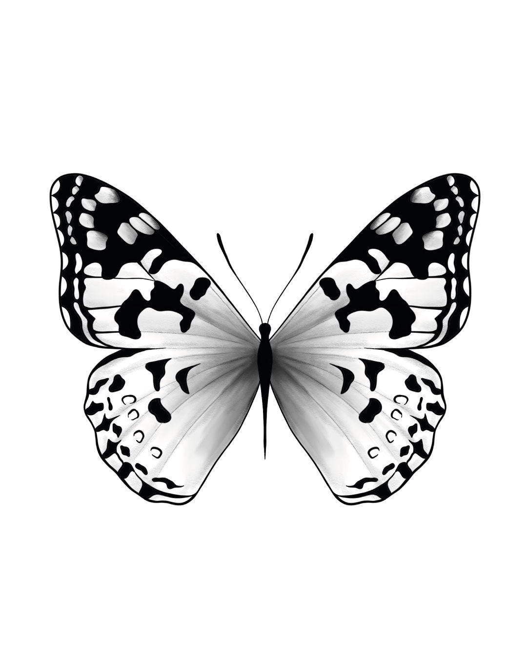 Tymczasowy tatuaż przedstawiający czarnego motyla w symetrycznej kompozycji – elegancki wzór z wyrazistymi skrzydłami, idealny na kark, klatkę piersiową lub między łopatki.