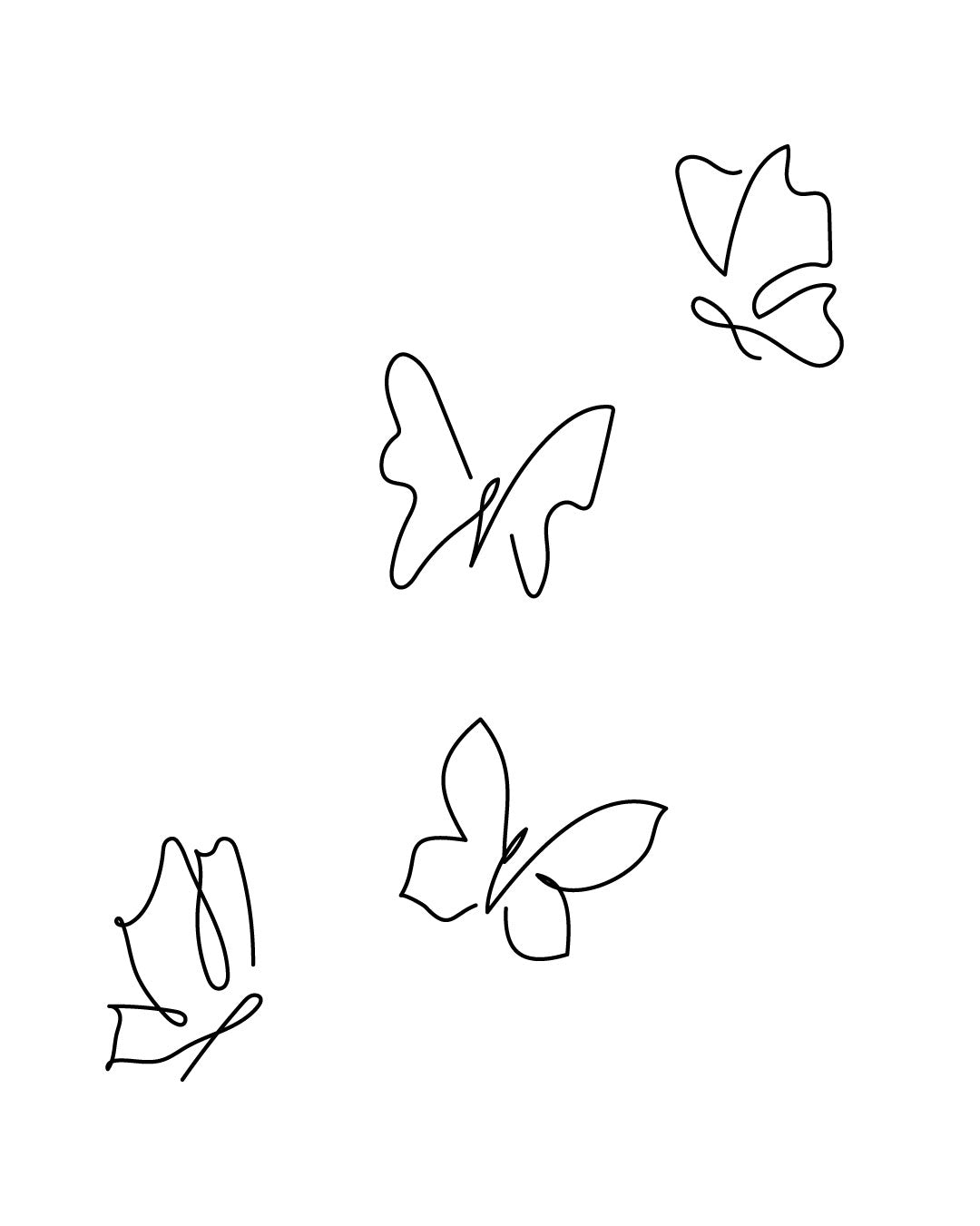 Zestaw tymczasowych tatuaży przedstawiający kilka motyli w lekkiej, rozproszonej kompozycji — subtelny wzór w stylu linearnym, idealny na przedramię, obojczyk lub łopatkę.