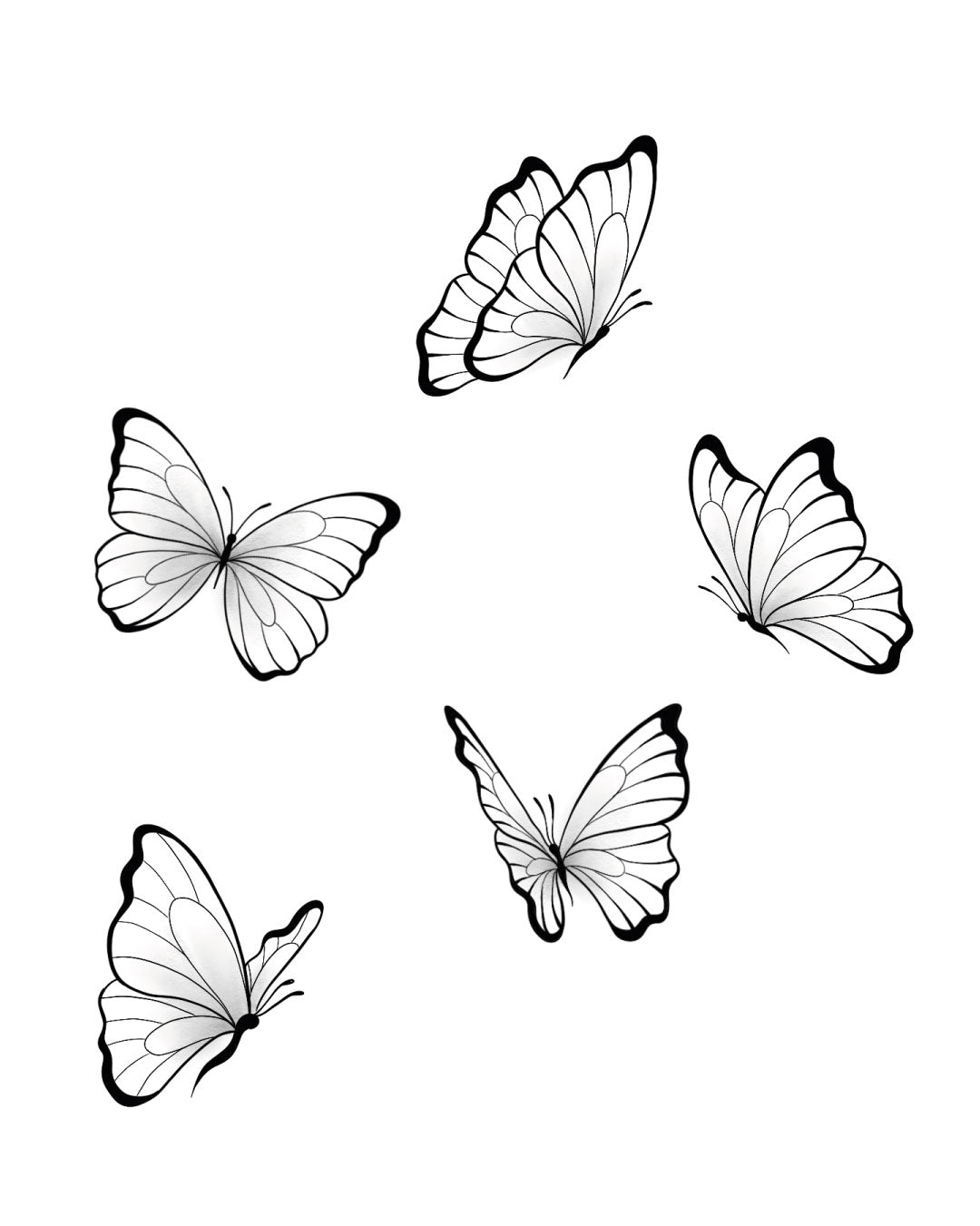 Zestaw tymczasowych tatuaży z motylami w stylu linearnym – delikatne, czarne kontury w różnych pozach, idealne na obojczyk, kark lub nadgarstek.