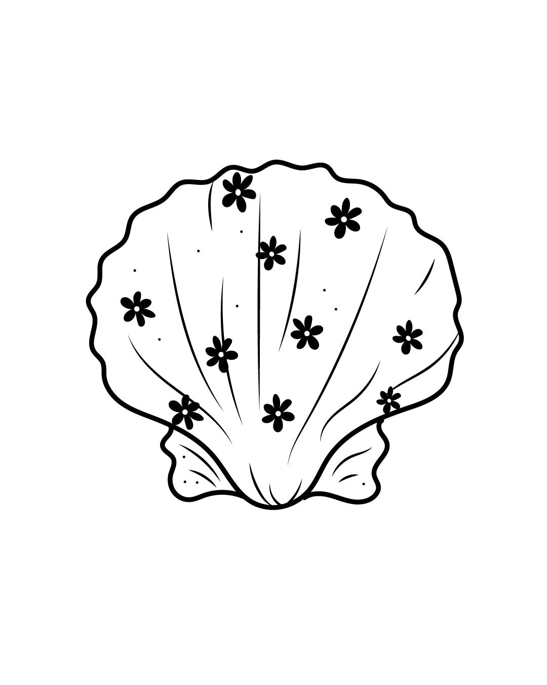 Tymczasowy tatuaż przedstawiający muszelkę ozdobioną kwiatami w stylu linearnym — wakacyjny, artystyczny wzór w czarnej linii, idealny na ramię, łopatkę lub nadgarstek.