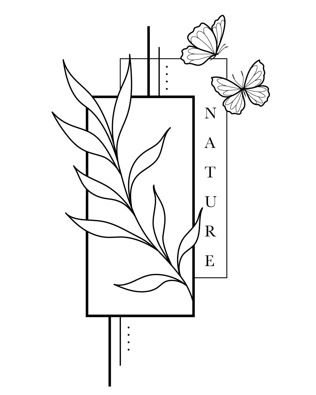 Tymczasowy tatuaż z napisem "nature", liściem, motylami i geometrycznymi liniami – nowoczesna kompozycja w stylu linearnym, idealna na przedramię lub łopatkę.