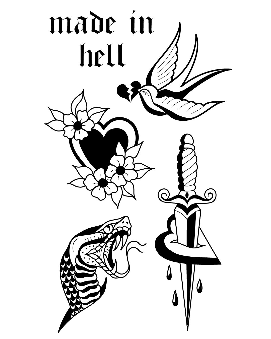 Zestaw tymczasowych tatuaży oldschool: serce z kwiatami, jaskółka, wąż, sztylet i napis "made in hell" – klasyczny styl retro w czarnej linii.