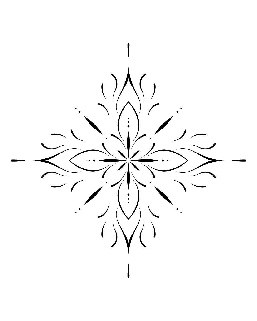 Tymczasowy tatuaż ornament w stylu mandali – symetryczny, linearny wzór inspirowany naturą i geometrią, idealny na kark, plecy lub klatkę piersiową.