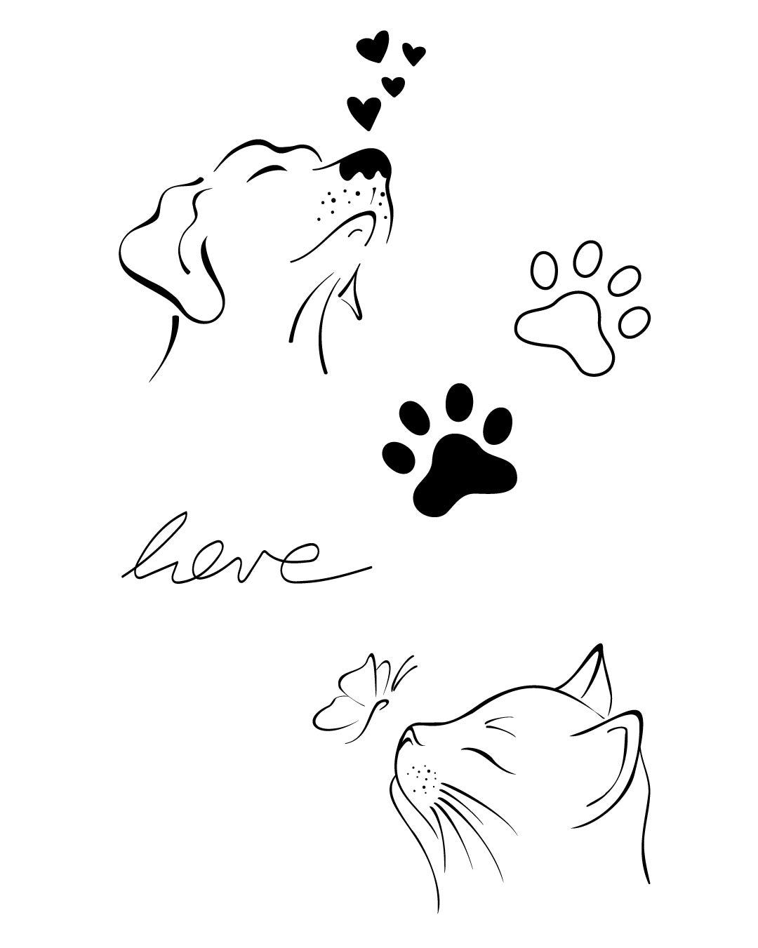 Zestaw tymczasowych tatuaży z psem, kotem, łapkami i napisem "love" – urocze, minimalistyczne wzory dla miłośników zwierząt, w stylu linearnym.