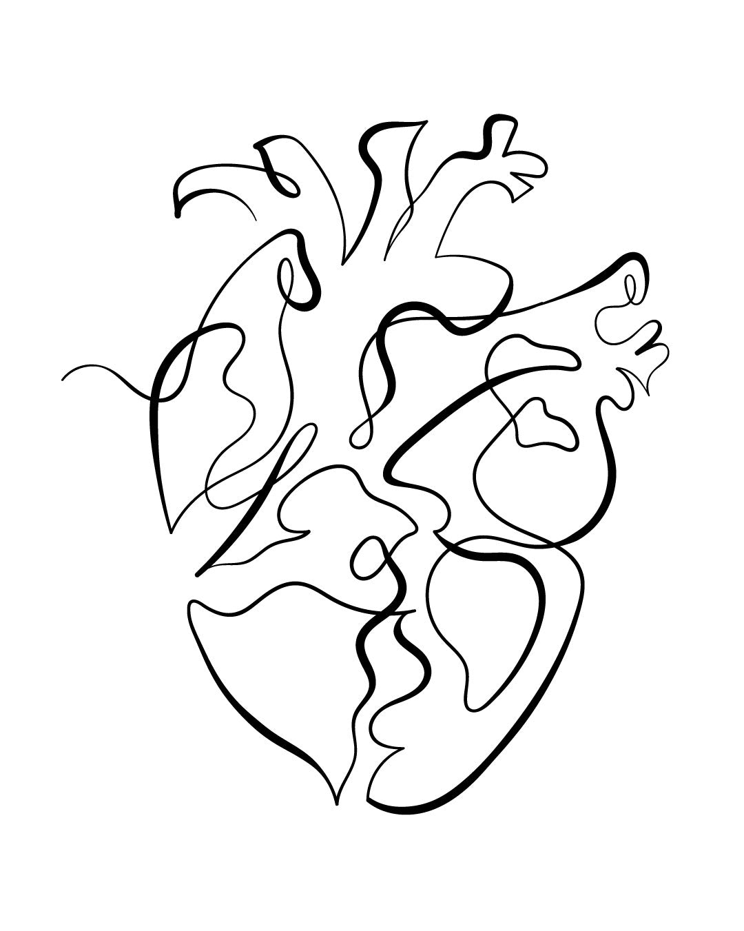 Tymczasowy tatuaż przedstawiający anatomiczne serce w stylu linearnym — artystyczny i nowoczesny wzór w czarnej linii, idealny na ramię, klatkę piersiową lub plecy.