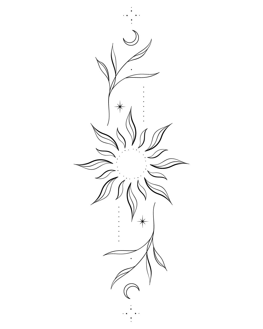 Tymczasowy tatuaż z symbolem słońca, księżyców i liści w stylu linearnym – minimalistyczna kompozycja czarnej linii, idealna na przedramię lub kręgosłup.