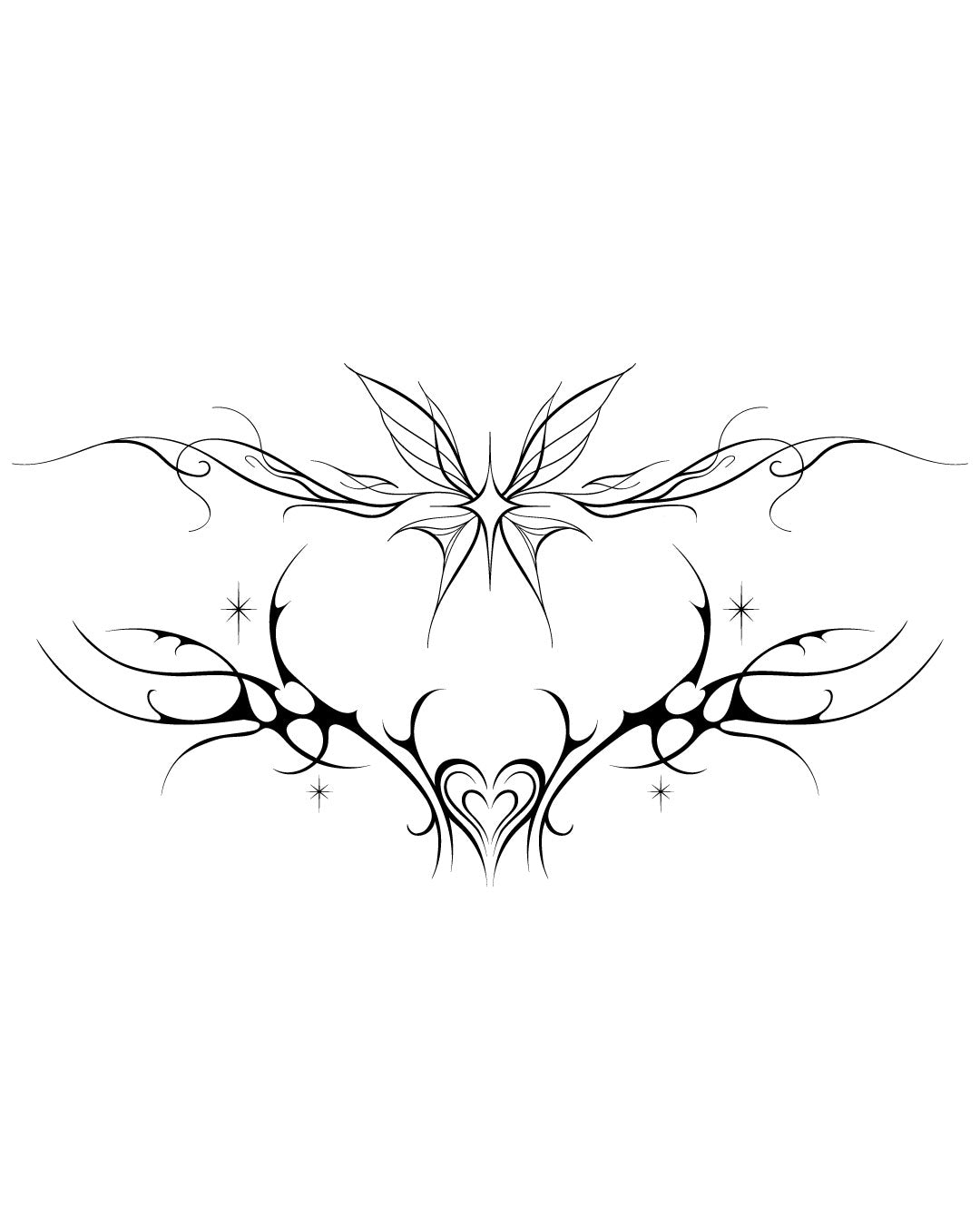 Tymczasowy tatuaż tribal z motywem serca, motyli i gwiazd – czarna symetryczna kompozycja w stylu Y2K, idealna na dekolt lub plecy.