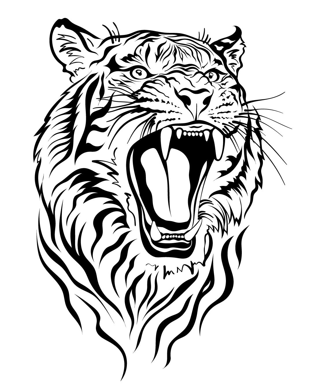 Tymczasowy tatuaż przedstawiający ryczącego tygrysa w stylu czarnej linii – drapieżny, wyrazisty wzór symbolizujący siłę i odwagę, idealny na ramię lub klatkę piersiową.