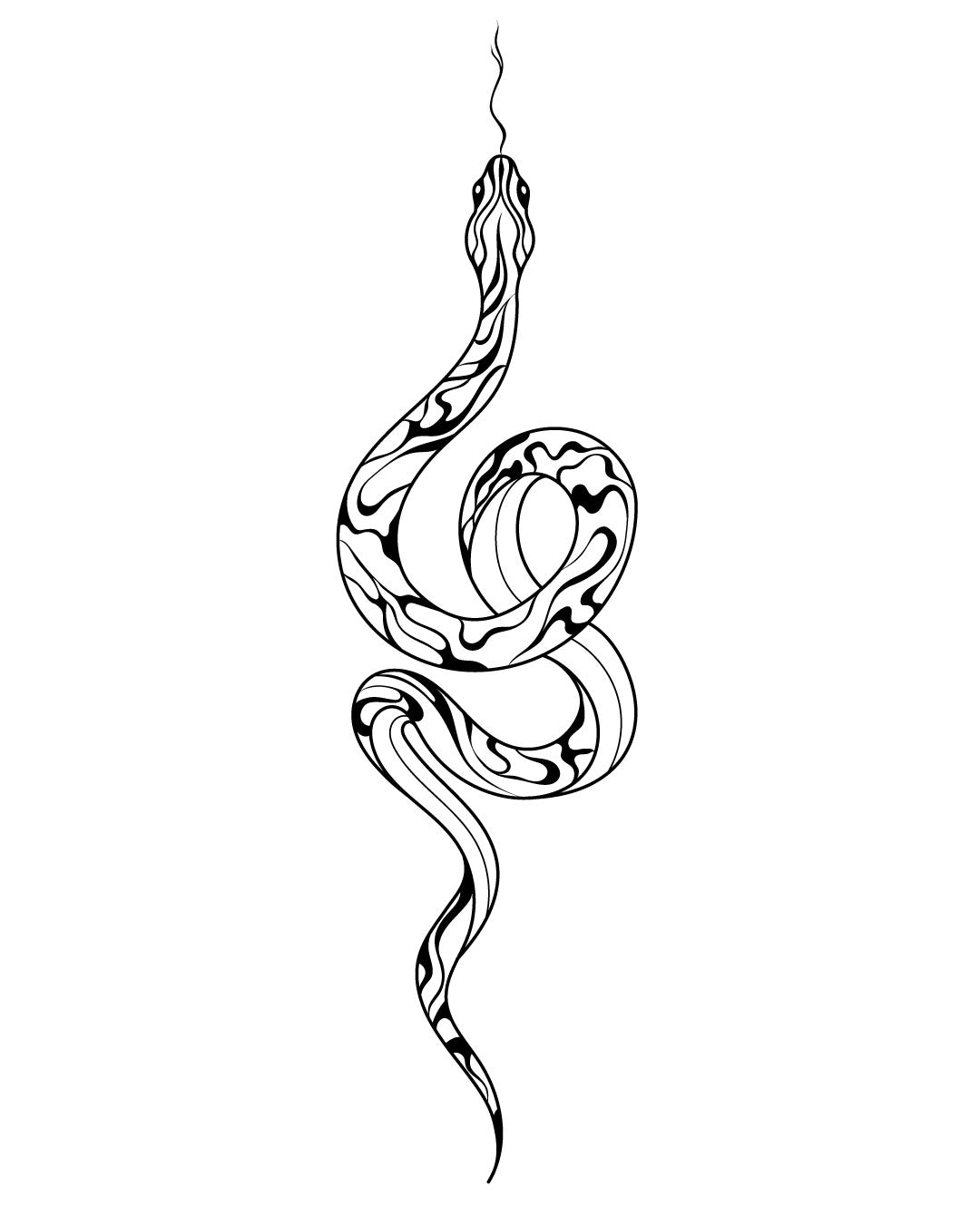 Artystyczny tymczasowy tatuaż przedstawiający abstrakcyjnego węża z dekoracyjnym wzorem – czarny lineart z dynamiczną formą, idealny na plecy lub udo.