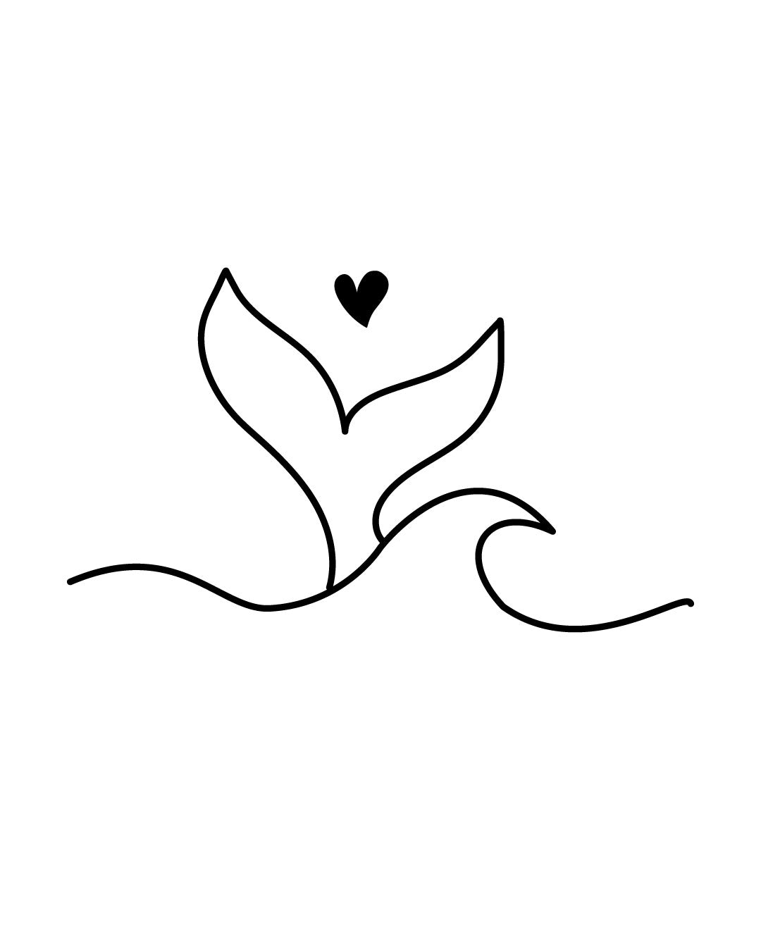 Tymczasowy tatuaż przedstawiający ogon wieloryba z serduszkiem w stylu linearnym — wakacyjny, uroczy wzór w czarnej linii, idealny na kark, udo lub żebra.