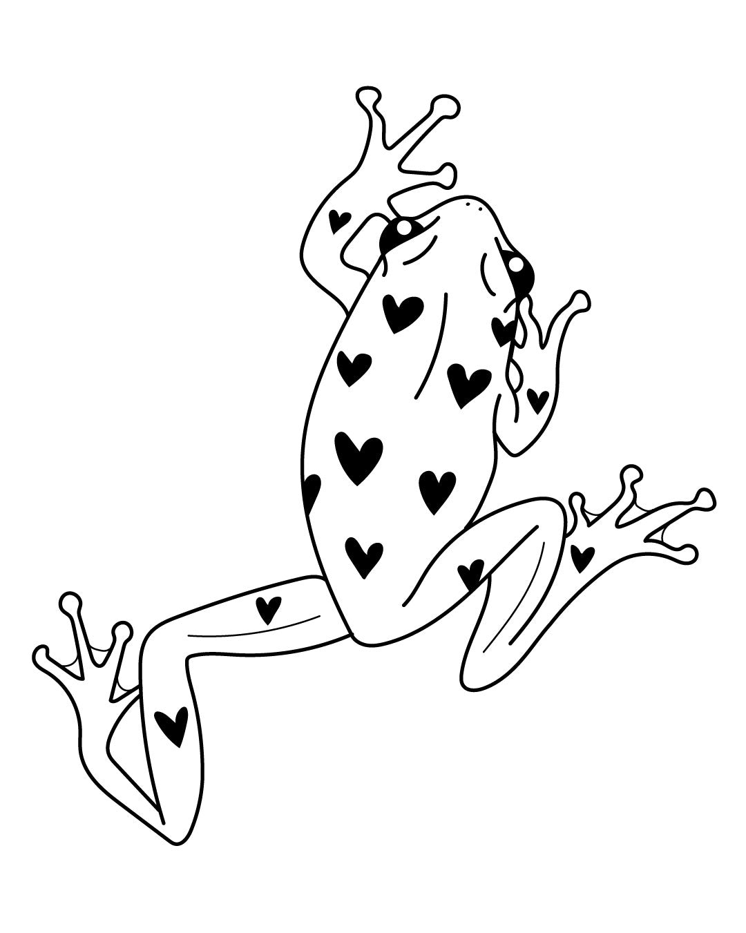 Tymczasowy tatuaż przedstawiający żabkę pokrytą sercami – zabawny, linearny wzór w czarnej linii, idealny na ramię, udo lub łopatkę.