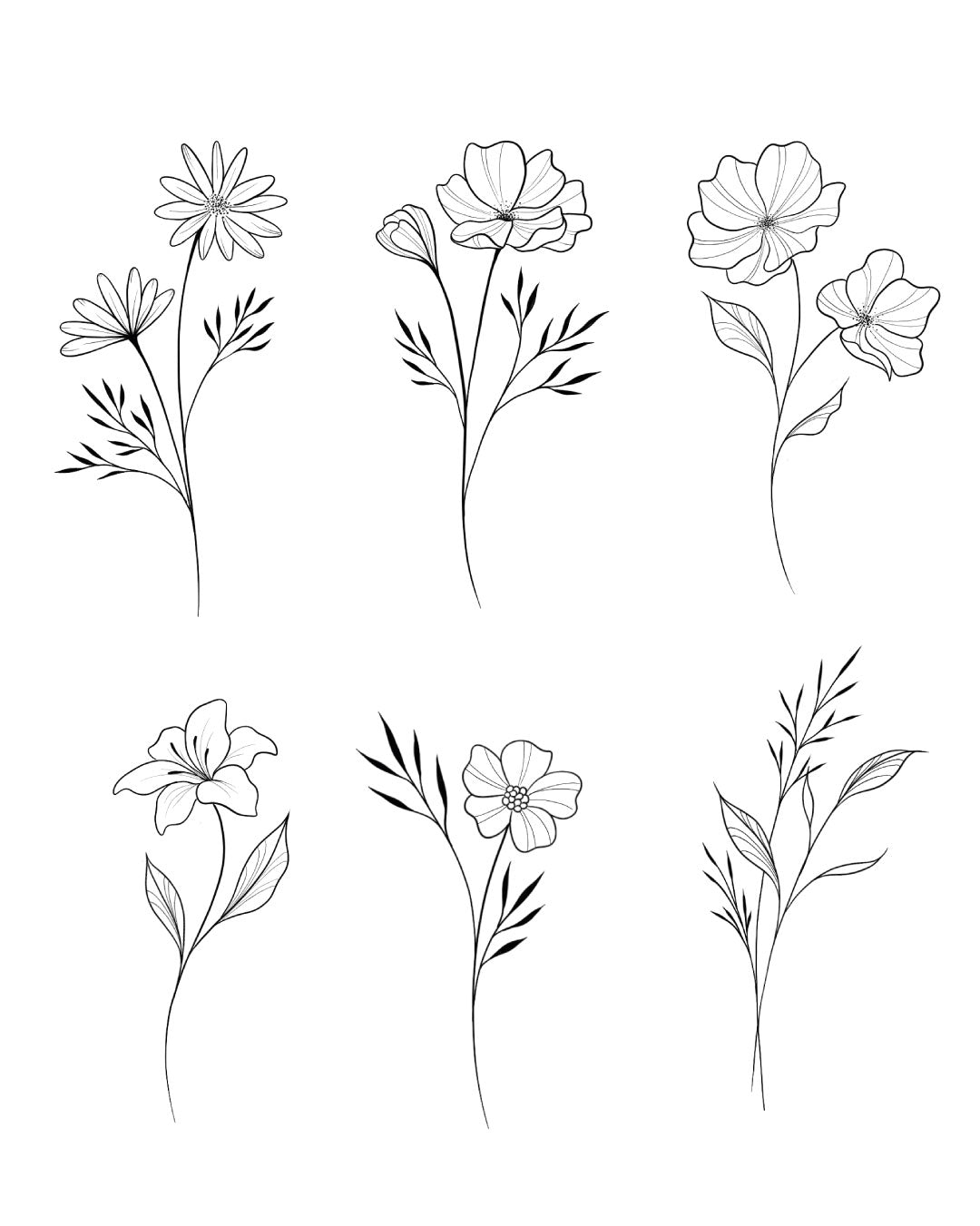 Zestaw tymczasowych tatuaży z kwiatami w stylu minimalistycznym – delikatne czarno-białe kompozycje idealne na nadgarstek, obojczyk lub kostkę.